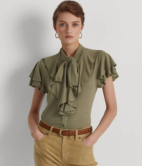 LAUREN RALPH LAUREN Tie-Neck Jersey Blouse Olive Green Size M MSRP $115
