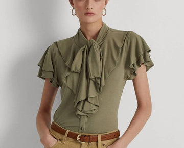 LAUREN RALPH LAUREN Tie-Neck Jersey Blouse Olive Green Size M MSRP $115