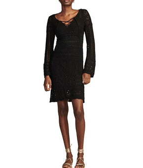 Lucky Brand Women's Cotton Long-Sleeve Lace-Up Crochet Dress Black Size S $149