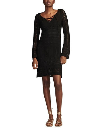 Lucky Brand Women's Cotton Long-Sleeve Lace-Up Crochet Dress Black Size S $149