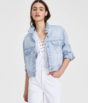 DKNY Jeans Women's Oversized Crop Logo Jacket Blue Denim Size L MSRP $119