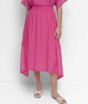 DKNY Women's Handkerchief Hem Mixed Media Pull on Maxi Skirt Pink Size XL $99