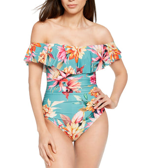 LA BLANCA Women's Green Floral Shirred Moderate Ruffled One Piece Swimsuit 14
