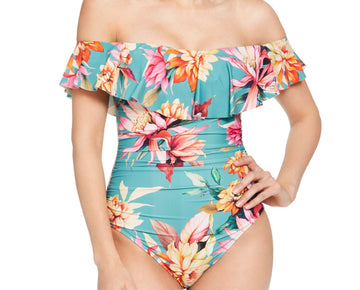 LA BLANCA Women's Green Floral Shirred Moderate Ruffled One Piece Swimsuit 14