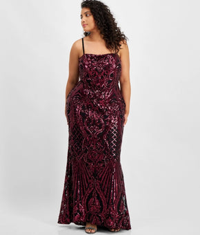 B Darlin Plus Size 18W Sequin Tie-back Square-Neck Gown Black Pink MSRP $149