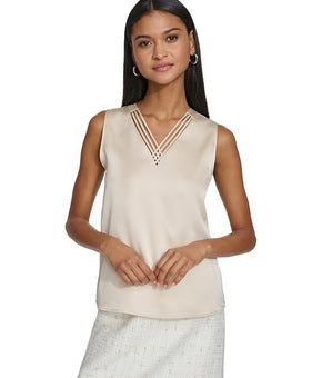 Karl Lagerfeld Women's Strappy-Neck Sleeveless Top Size M GOLD $79