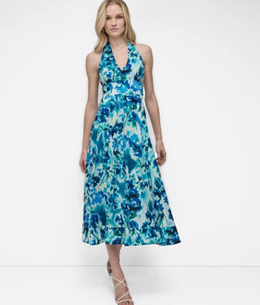 DKNY Women's Cotton Halter V-Neck Tie-Back Midi Dress Blue Size 14 MSRP $149