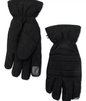 Tommy Hilfiger Men Black Flag Quilt Leather Tech Tip Work Gloves Fleece MSRP $88