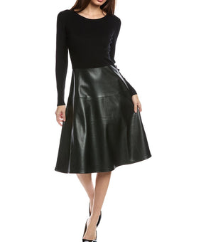 Tahari NWT Women's Mixed Media Faux Leather Fit & Flare Dress Size L $118