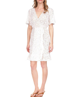 Michael Kors Petite Lace Faux-Wrap Mini Dress Size P/L White MSRP $195