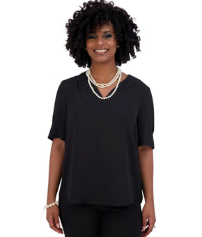 Kasper Women's V-Neck Pleated-Shoulder Elbow-Sleeve Top Black Size XL MSRP $59