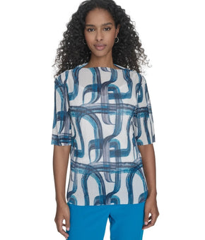Calvin Klein Women's Mock neck polyester Printed Mesh Blouse Blue Size XL $79
