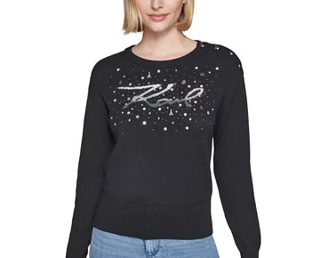 KARL LAGERFELD PARIS Womens Embellished Logo Sweat Black Size M MSRP $109