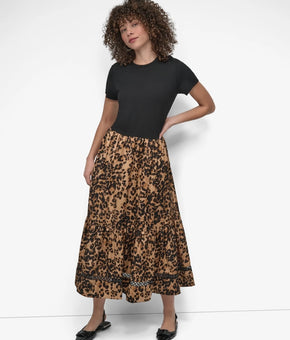 DKNY Women's Mixed Media polyester Round Neck Dress Black Brown Size S $139 SALE