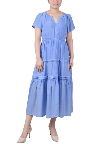 NY Collection Womens Petites Tiered Split Neck Midi Dress Blue Size PL MSRP $54