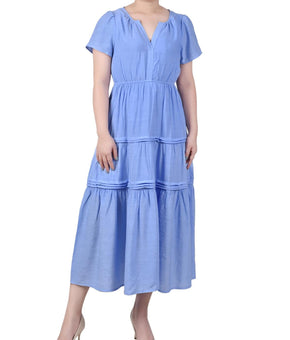 NY Collection Womens Petites Tiered Split Neck Midi Dress Blue Size PM MSRP $54
