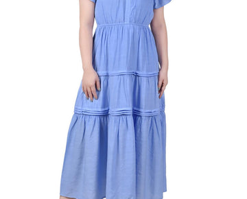 NY Collection Womens Petites Tiered Split Neck Midi Dress Blue Size PM MSRP $54