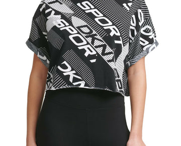 DKNY Womens Black Logo-Print Cropped Cotton Tee Shirt Size XS MSRP $45