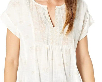 Lucky Brand Women's Split Neck Printed Peasant Blouse Size L Cream Multi