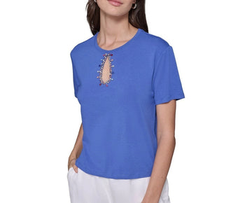 KARL LAGERFELD PARIS Women's Cutout Embellished Tee Blue Size XS MSRP $69
