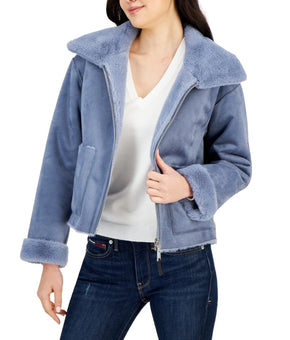 Tommy Hilfiger Women's Faux-Fur Wide-Collar Cropped Jacket Blue Size M MSRP $200