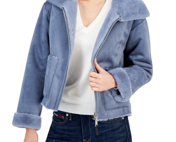 Tommy Hilfiger Women's Faux-Fur Wide-Collar Cropped Jacket Blue Size M MSRP $200