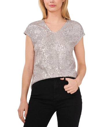 Vince Camuto Women's Sequined Dolman Sleeve V-Neck Blouse Silver Size S MSRP $79