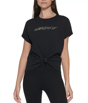 Dkny Sport Women's Logo Knotted 100% Cotton T-Shirt Black Size M Short Sleeves