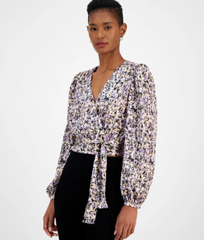 HUGO BOSS Orange Women's Banella Abstract-Print Tie-Hem Top Size XXL Purple MSRP $148