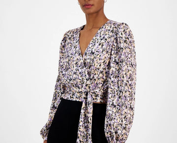 BOSS Orange Women's Banella Abstract-Print Tie-Hem Top Size XL Purple MSRP $148