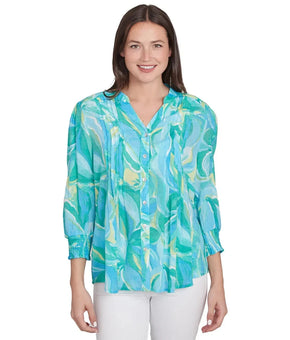 Ruby Rd. Plus Size 1X Abstract Ocean Blouse Button Top Green Blue MSRP $64