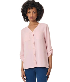 Jones New York Collarless V-Neck Tunic V-neck Blouse Pink Petite Size PXL $80