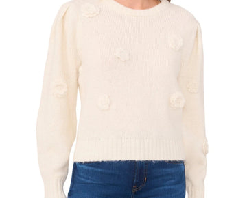 CeCe Women's 3D Floral Applique Sweater Ivory Size S MSRP $99