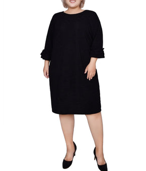 NY Collection 3/4 Sleeve Textured Knit Pullover Dress Black Plus Size 2X $60