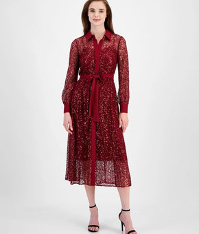 Anne Klein Petite Sequined Mixed-Media Tie-Waist A-Line Dress Red Size 12P $159