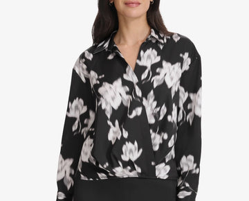 Calvin Klein Women's Printed Faux-Wrap Collared Top Black Size XL MSRP $90