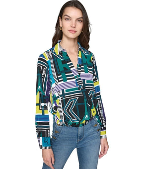 KARL LAGERFELD PARIS Women's Geo-Print Faux-Wrap Top Green Size M MSRP $89