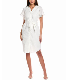 T Tahari Women's Lace-Trim Short-Sleeve Shirtdress White Size M MSRP $138