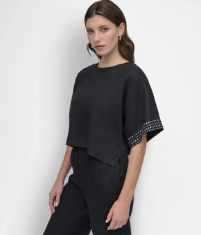 DKNY Women's Cropped Short-Sleeve Studded Linen Top Black Size S $89
