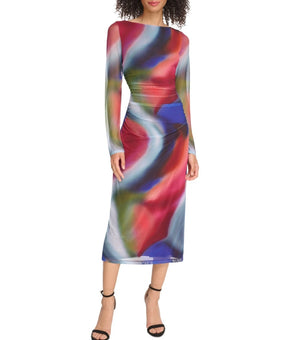 Vince Camuto Women's Printed Mesh Ruched Bodycon Dress Blue Red Size 10 MSRP$148