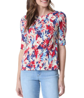 Gloria Vanderbilt Women's Alanis Printed Cuffed-Sleeve T-Shirt Red Ivory Size XS