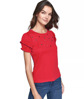 KARL LAGERFELD PARIS Petite Embellished Puff-Sleeve Top Size M Red MSRP $79