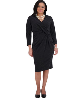 Kasper Women Twist-Front 3/4-Sleeve Glitter Sheath Dress Black Size XL MSRP $99
