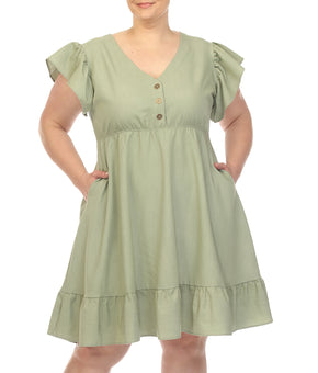 White Mark Women's Flutter Sleeve Babydoll Dress Plus Size 1X Green