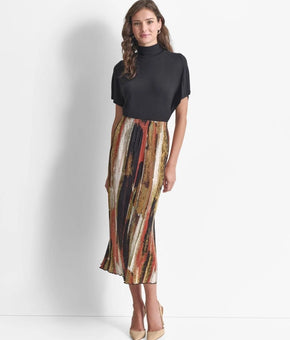 DKNY Skirt Women Size L Multicolor Pleated Abstract Paint Stroke Midi $99