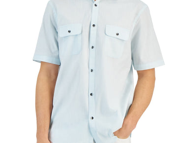 Alfani Mens Regular fit Short Sleeve Button-Up Shirt Size S Light Blue