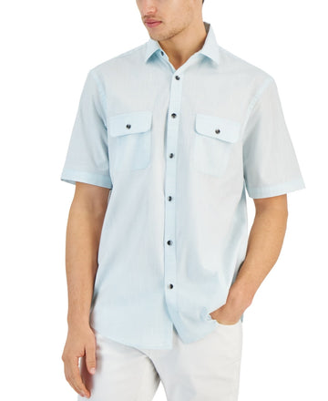Alfani Mens Regular fit Short Sleeve Button-Up Shirt Size S Light Blue