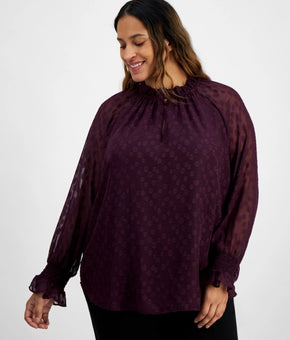 Anne Klein Plus Size Clip-Dot Ruffled-Trim Blouse Plum Purple Size 1X $109