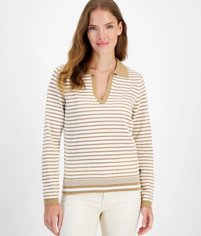 Nautica Women's Striped Johnny Collar Long-Sleeve Sweater Ivory Size XS MSRP $70