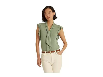Lauren Ralph Lauren Ruffle-Sleeve Tie Neck Top Green Size S MSRP $70